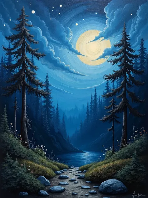 generate an image of an handmade modern oil painting on a canva. The surface of the image is richly textured from the brush and the dried paint creating a 3d effect. The image features a scenic wiev of an forest. It is evening with an dramatic nightsky wit...