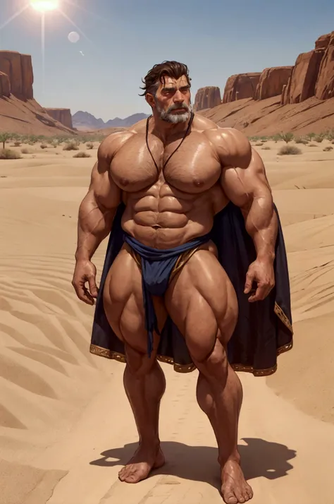 (xlbodybuilder),(reinhardt),full body,A strong old man walked in the endless desert. The dazzling sun made people blind. He had bronzed skin,super muscular and super thick limbs,thick arms,thick thighs,scar across eye, Henry Cavil so handsome