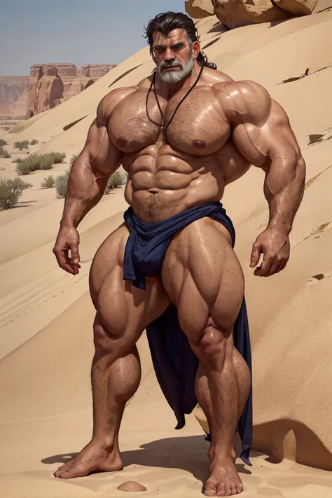 (xlbodybuilder),(reinhardt),full body,A strong old man walked in the endless desert. The dazzling sun made people blind. He had bronzed skin,super muscular and super thick limbs,thick arms,thick thighs,scar across eye, Henry Cavil so handsome