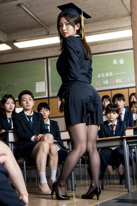 female teacher pees、female teacher urinates during graduation ceremony、peeing、huge amount of pee incontinence、pissing、from below...