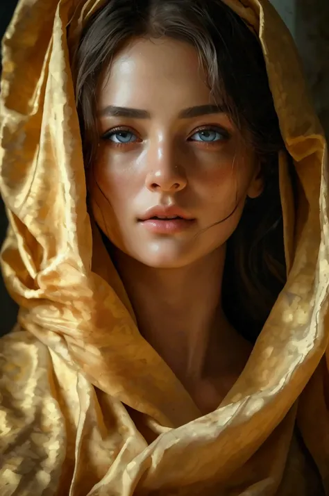 a thick textured oil painting, impasto brushstrokes, dry brushing, revealing underlayers, the model draped in flowing fabric, beautiful detailed eyes, beautiful detailed lips, extremely detailed eyes and face, long eyelashes, porcelain skin, serene express...