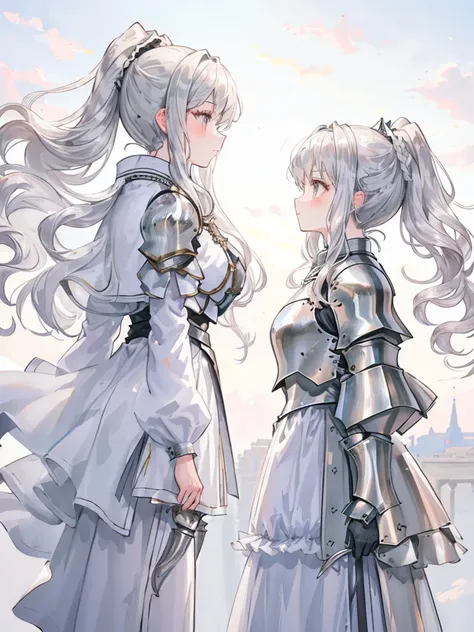 Two similar girls,Fluffy curly hair,(Silver shiny hair:1.2),ponytail,(The noble knight:1.3),(profile:1.4),(Side view:1.3),Hair and clothes fluttering in the wind,(The hem of one&#39;s clothes flutters),(A flower field with a large number of red and white p...