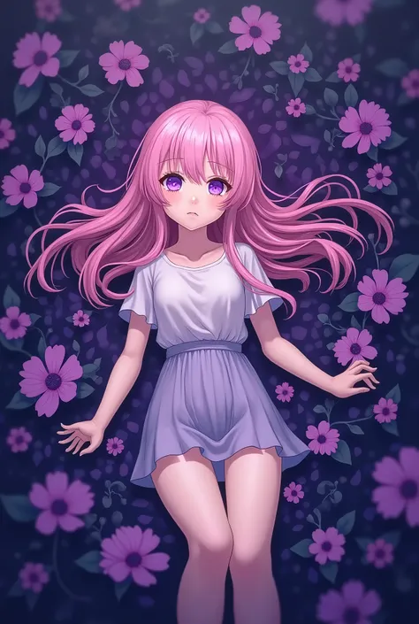 a girl lying in flowers that must go from violet to black,the girl with long pink hair, with vibrant violet eyes, that stands out, Your clothes; a generic model of a mini skirt and a thin white blouse