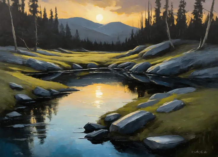 a thick textured oil painting, impasto brushstrokes, dry brushing,revealing underlayers, abstract landscape, moody lighting, dramatic shadows, The overall atmosphere is one of serene intimacy,warm glow of the fading , small pond in the middle of a rocky ar...