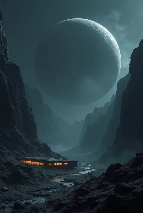 Creating a view of two dark gray rocky planets superimposed in dark night space, vto bes da superfície laranja de um PLANETA montanhoso com superfície de água azul escura, cyberpunk style at night in the distance, there is a crossing, low building, like a ...