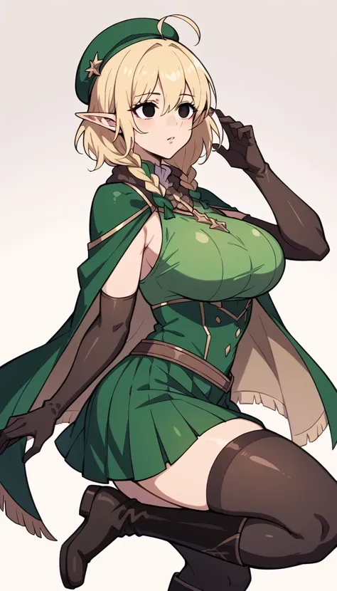 Parisian,1mature woman,elf,Short Hair,twin braids,ahoge,blonde,(slender),Big Breasts,Tall,empty eyes,Black Eyes,brown gloves,Black elbow gloves,((black thigh highs))、Small black beret、Brown scarf、green crop top,sleeveless,green mini skirt,brown knee boots,...