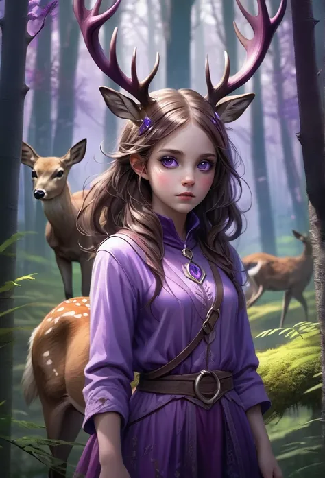 A girl. Alone, High resolution, necessary, very detailed, Retina, high quality, textured leather, Hair between eyes, brown hair. Violet eyes, symbol-shaped pupils, fangs. in a forest, full body, girl with deer antlers, half deer girl, violet colors, mystic...