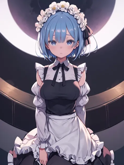 (masterpiece),(Intricate details),1 girl,adult,huge breasts BREAK rezeroRem, Rem, blue eyes, Blue Hair, Hair Accessories, Hair covering one eye, hair ribbon, short hair, x Hair Accessories, Destroy the Apron, Black Ribbon, black skirt, Black sleeves, Color...