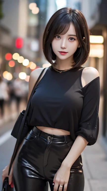 Street Background　Black Hair　Semi-long　Bob　Urban look　Beautiful woman　Shapely, slender breasts、Stylish clothing