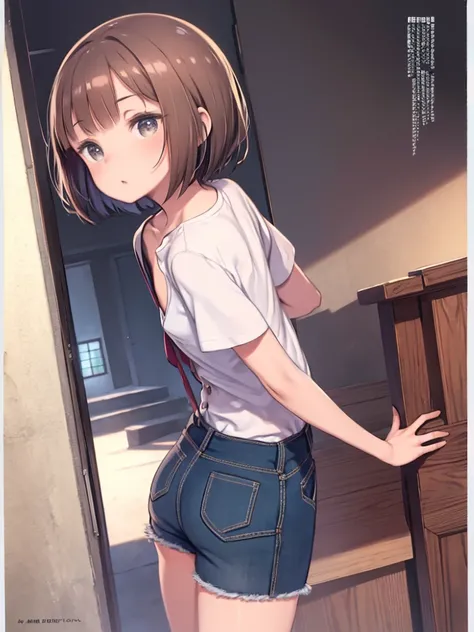 (Please redeem)), ((masterpiece)), (detailed), Perfect Face,Brown haired woman,Woman with short hair,Eyes are light brown,My body type is a little chubby,Small breasts,Open the buttons to reveal your chest,The butt is small,The legs are a little thin,White...