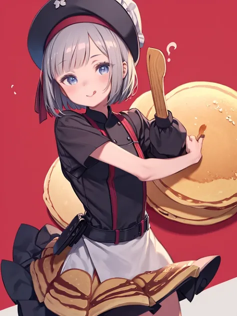 One girl, chef, chef hat, Red ribbon, Leather Belt, Bobcut, Sticking out tongue, (;question), Close one eye, Cute pose, (Pancakes), (Cute Background), Dynamic Angle, Cowboy Shot, View your viewers