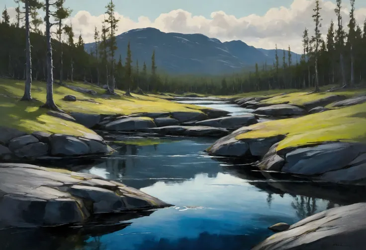 a thick textured oil painting, impasto brushstrokes, dry brushing,revealing underlayers, abstract landscape, moody lighting, dramatic shadows, there is a small pond in the middle of a rocky area, nordic landscape, norwegian landscape, taiga landscape, lapl...