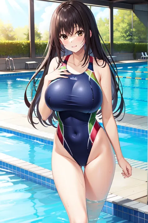 Yakuoji Komachi-Beautiful×Holiday（Yakuouji Komachi-PRETTY×CATION）, masterpiece, best quality, a beautiful athlete woman in blue and red swim suit walking on poolside of indoor, 1girl, pool, swimsuit, one-piece swimsuit, competition swimsuit, Alone, breasts...