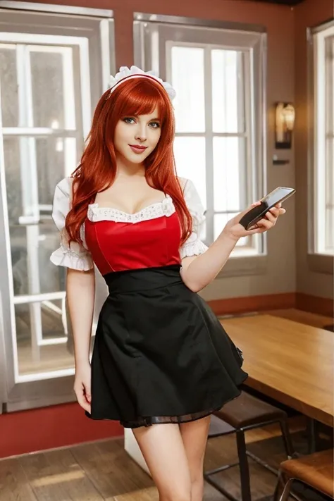 a picture of a sexy attractive rocker in a restaurant, holding a tablet in his hand, attractive red haired rocker. dressed as a ...