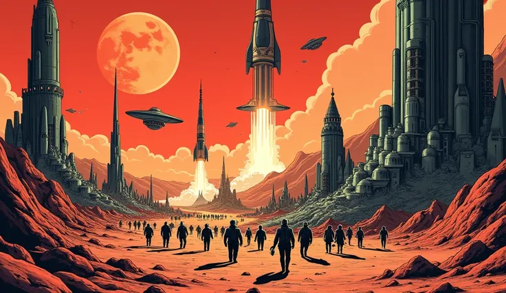 A comic-style illustration based on Ray Bradbury&#39;s book The Martian Chronicles about humans who colonize the planet Mars and depredate it as if they were hungry locusts., as if it were the conquest of the west with the arrival of their ships, rockets, ...