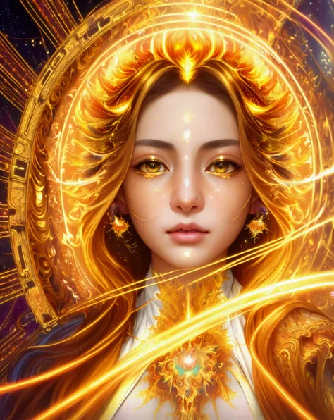 (masterpiece, Superior Quality, best quality, official art, beautiful and aesthetic:1.2), (1 girl), extremely detailed eyes, (fractal art:1.3), colorful, more detailed, (perfect face), shiny skin, HDR, (white cover golden lines:1.2), Galaxy, (rays of light...