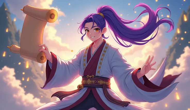 A white man with a happy and carefree attitude, with long hair with a purple ponytail and golden eyes, is dressed as a murim martial artist and has a sacred scroll in his hand (anime style)