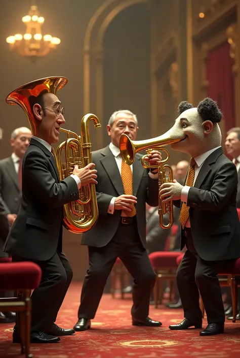 A tuba mix, trumpet and trombone comparing officials