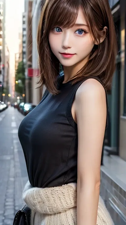 Street Background　Brown Hair　Semi-long　Bob　Urban look　Beautiful woman　Shapely, slender breasts、Stylish clothing、Blue Eyes