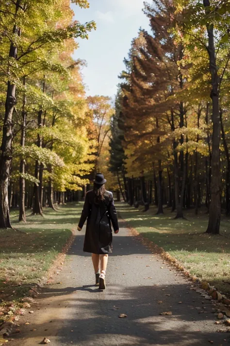 draw a landscape autumn forest with a walking girl 