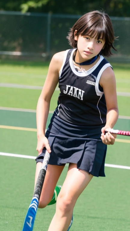 Japanese female junior high school field hockey player wearing a tank top、Boyish, super short hair、Dark brown hair color、I&#39;Severe sunburn、A sexy tank top exposes her midriff and navel、masterpiece、High resolution、High image quality、realism、natural skin ...