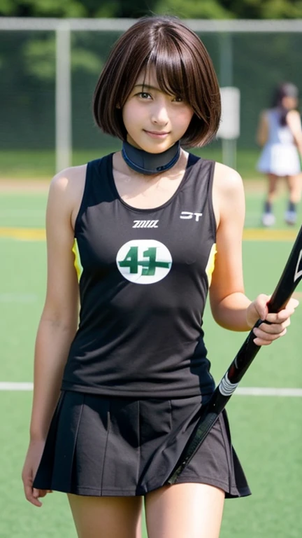 Japanese female junior high school field hockey player wearing a tank top、Boyish, super short hair、Dark brown hair color、I&#39;Severe sunburn、A sexy tank top exposes her midriff and navel、masterpiece、High resolution、High image quality、realism、natural skin ...