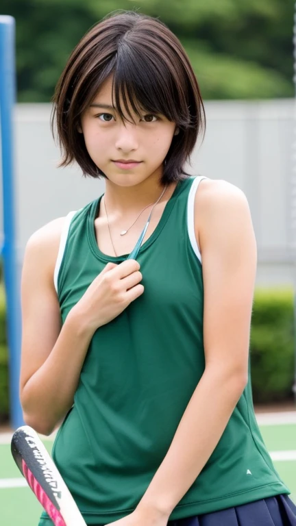 Japanese female junior high school field hockey player wearing a tank top、Boyish, super short hair、Dark brown hair color、I&#39;Severe sunburn、A sexy tank top exposes her midriff and navel、masterpiece、High resolution、High image quality、realism、natural skin ...