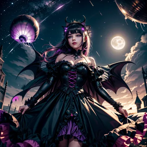 A girl floating in the sky, a black gothic lolita dress, a cape, Purple luminous orb on the dress, jellyfish on the skirt, bat design on the dress, countless black jellyfish floating, wings of bats on the jellyfish, tentacles from the skirt, One big black ...