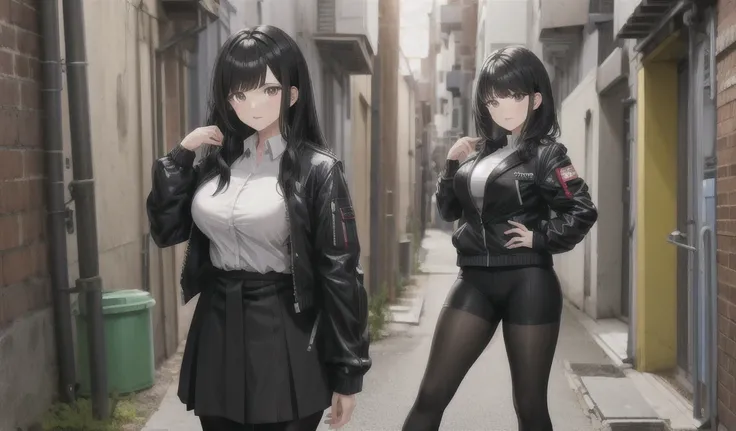 Black-haired busty beauty，jacket，tights，Briefs，Bare waist，thigh，in the alley