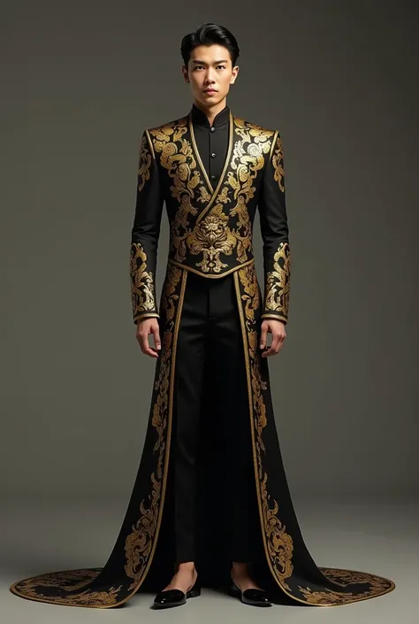 Young oriental man in long tail suit in gold and black colors , full body