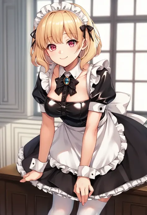 score_9, score_8_up, score_7_up, source_anime, 1girl, leaning forward, smile, bangs, breasts, maid headdress, maid, frills, latex dress, shinny, black dress, detached collar, puffy short sleeves, wrist cuffs, apron, white thighhighs, wavy short hair, blond...