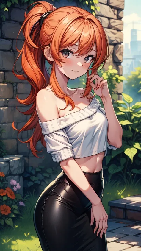 ((((masterpiece, best quality:1.3, high detail)))), 1girl, beautiful woman, long wavy hair, red orange hair, low ponytail, smug, ((small breasts)), (white sweatshirt crop top off shoulder), (black midi pencil ((skirt))), long black skirt, collarbone, midri...