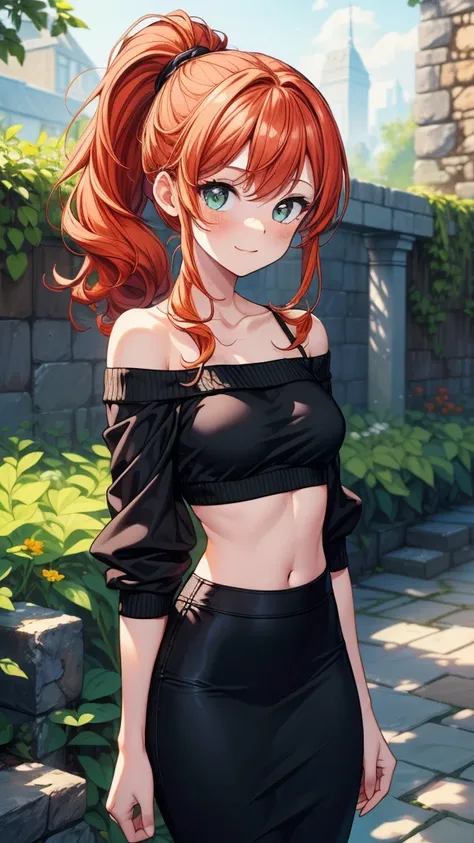 ((((masterpiece, best quality:1.3, high detail)))), 1girl, beautiful woman, long wavy hair, red orange hair, low ponytail, smug, ((small breasts)), (white sweatshirt crop top off shoulder), (black midi pencil ((skirt))), long black skirt, collarbone, midri...