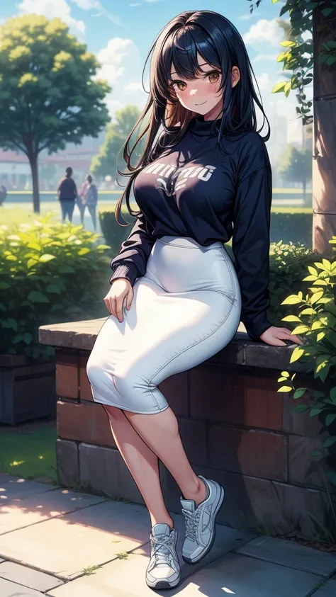 ((((masterpiece, best quality:1.8, high detail)))), (1girl), beautiful woman, bright brown eyes, ((large breasts)), shy, smile, wide-eyed, blush, solo focus, long messy hair, ((dark blue hair)), ((sweatshirt)), ((white midi pencil ((skirt)))), ((long white...