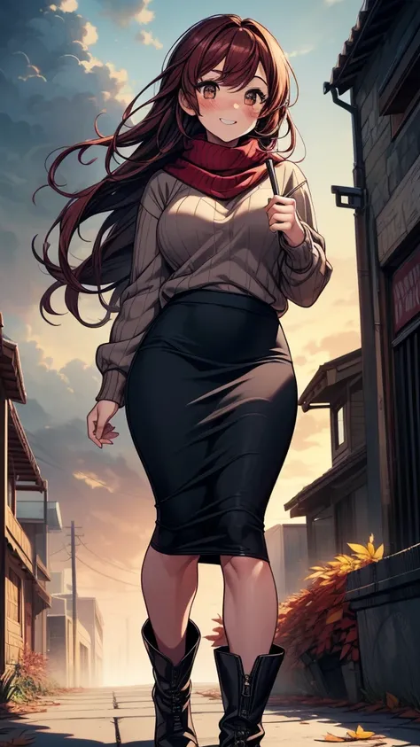 ((((masterpiece, best quality:1.8, high detail)))), (1girl), beautiful woman, smile, lower body, bright brown eyes, shy, wide-eyed, blush, solo focus, long hair, ((dark red hair)), ((white sweater)), (scarf), ((black midi pencil ((skirt)))), (long skirt), ...