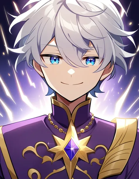 "A boy (anime style, not so young) with shiny silver hair, and deep blue eyes. His eyes have a particular shine, along with a smile that can be both comforting and disturbing. She wears purple clothes with small gold details.."