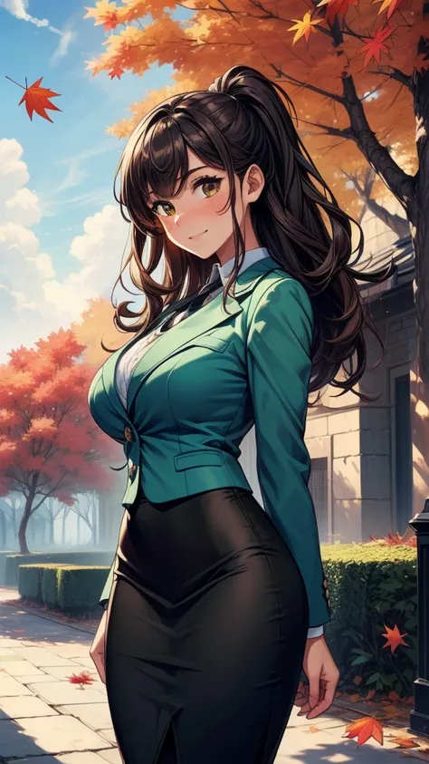 ((((masterpiece, best quality:1.8, high detail)))), (1girl), beautiful woman, smile, bright (brown eyes), large breasts, shy, wide-eyed, blush, solo focus, long (wavy hair), (dark brown hair), (hairpin), ((green blazer)), tie, ((black midi pencil ((skirt))...