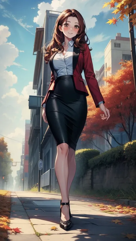 ((((masterpiece, best quality:1.8, high detail)))), (1girl), beautiful woman, smile, bright (brown eyes), large breasts, shy, wide-eyed, blush, solo focus, long (wavy hair), (dark brown red hair), (hairpin), ((red blazer)), tie, ((black midi pencil ((skirt...