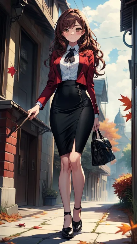 ((((masterpiece, best quality:1.8, high detail)))), (1girl), beautiful woman, smile, bright (brown eyes), large breasts, shy, wide-eyed, blush, solo focus, long (wavy hair), (dark brown red hair), (hairpin), ((red blazer)), tie, ((black midi pencil ((skirt...