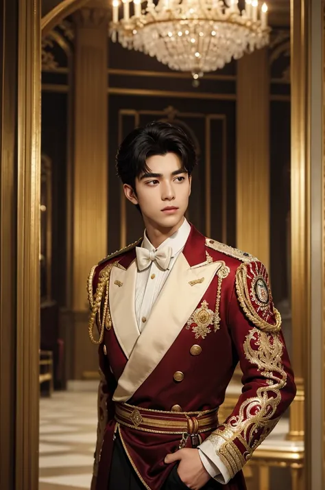 The Royal Prince:
Hyper realistic image of a 20-year-old, tall and muscular prince stands in the grand ballroom of a lavish castle. His smooth white skin contrasts with the intricate detailing of his royal attire: a velvet, deep red jacket trimmed with gol...