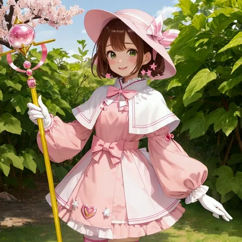 masterpiece, Best Quality, High resolution, Sakura Kinomoto, One girl, Brown Hair, short hair, Antenna Hair, Pink hat, green eyes, Capelet, Pink dress made of shiny enamel-like material, Striped ribbon, Long sleeve, White gloves, Clothes made of shiny mate...