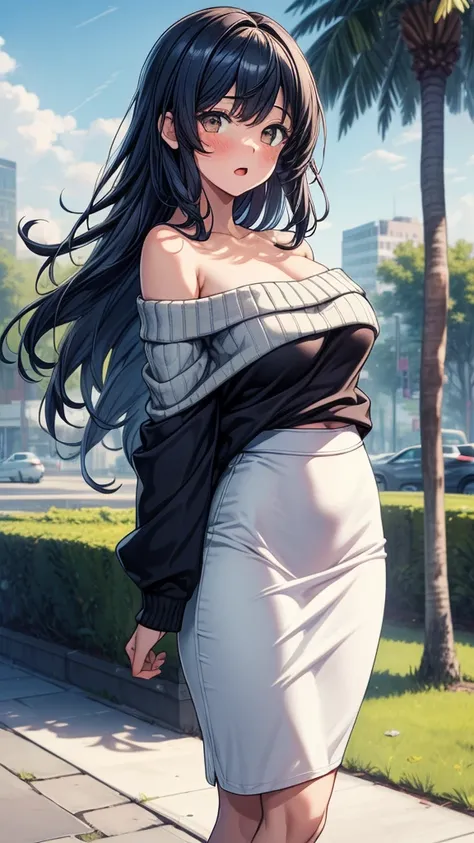 ((((masterpiece, best quality:1.8, high detail)))), (1girl), beautiful woman, bright brown eyes, ((large breasts)), shy, wide-eyed, blush, open mouth, solo focus, long messy hair, ((dark blue hair)), ((sweatshirt off shoulder)), ((white midi pencil ((skirt...