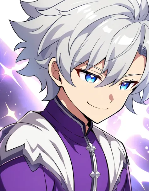 "A boy (anime style, of teenage age or about 1) with shiny silver hair, and deep blue eyes. His eyes have a particular shine, along with a smile that can be both comforting and disturbing. She wears purple clothes with small white details.."