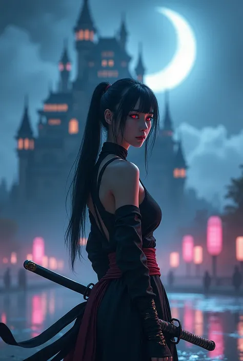 masterpiece, best quality, ultra-detailed, extremely detailed, 4K, 8K, best quality, beautiful, realistic, real, dynamic angle, full body, castle, night, moon, a cute girl, 1girl, solo, Ninja costume, Ninja, beautiful black hair, beautiful red eyes, beauti...