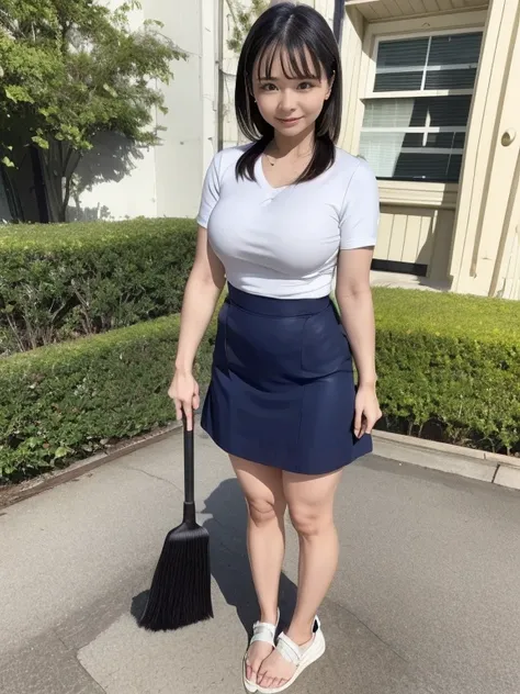 Full Body Shot、Early in the morning, I swept the front of my house with a broom.、A beautiful adult woman greeting cheerfully、  Smiling woman。Put on a salon、Women in 
