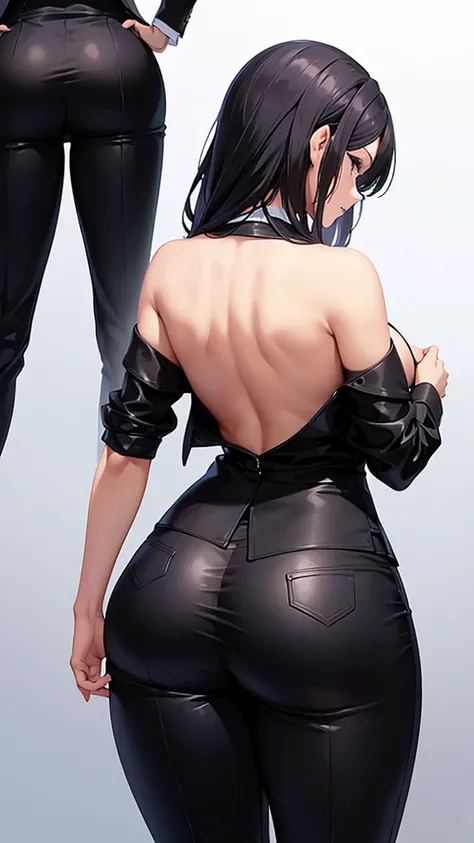 Back view of a sexy woman in a black luxury pantsuit　tie