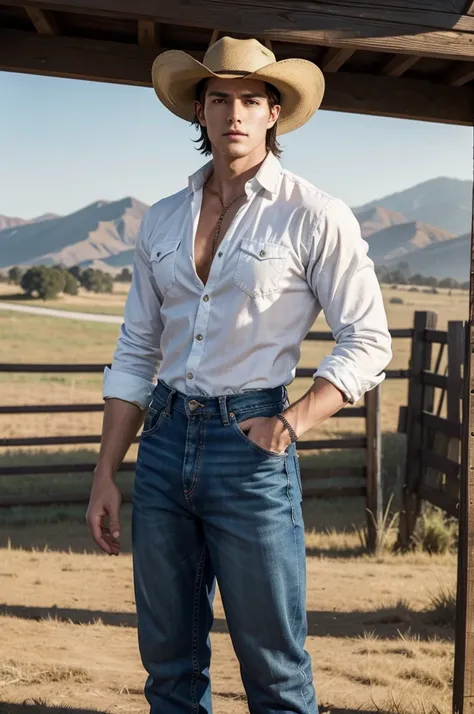 The Charming Cowboy
A tall, lean, and muscular 20-year-old cowboy stands in the middle of a sun-drenched ranch. His smooth white skin contrasts with the worn, red flannel shirt partially unbuttoned to reveal his large chest:1.5. His short hairstyle is hidd...