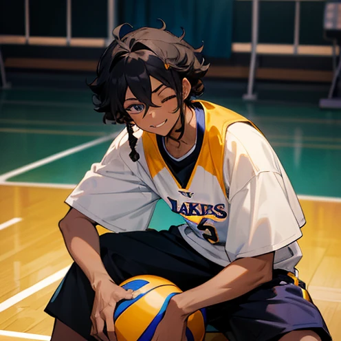 Anime boy, Teenager, Black skin, Short dred curls, Ocean like blue eyes, Sitting on volleyball, while holding a black and yellow basketball, Lakers jersey on while wearing a white shirt under it, Smiling, eyes closed,at a basketball court, Black brownish h...