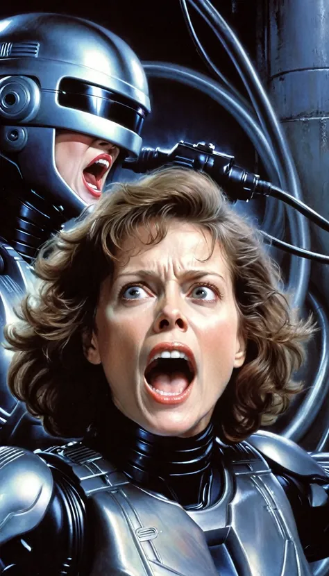 robocop vs ellen ripley, robocop close-up on the right, ellen ripley close-up on the left, robocop brings his head closer to ell...