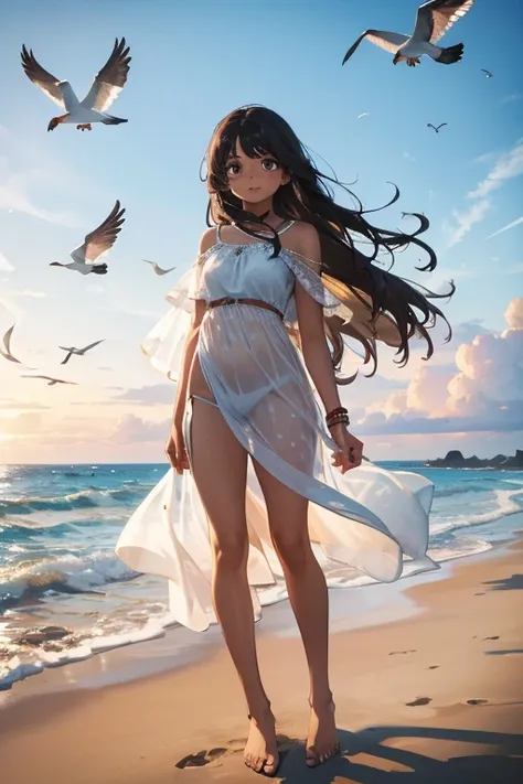 A brown-skinned Indian-style girl with downcast eyes、Long hair down to the knees、Watching the seagulls soaring in the sky、Sheer, thin long dress、Standing on the beach